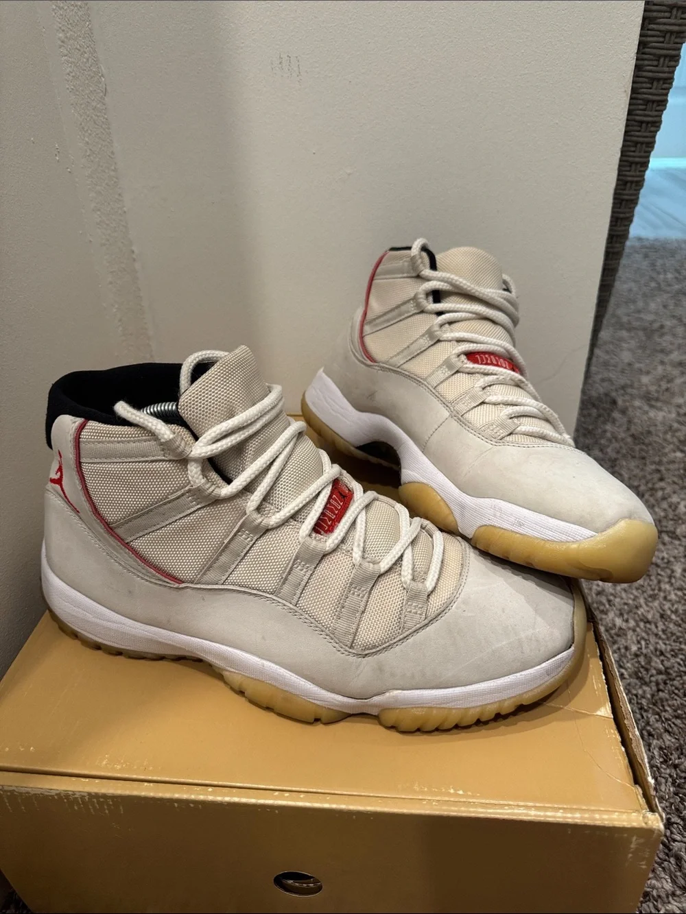 Jordan 11 Men's High-Top Sneakers in Off-White, Gum & Red Accents